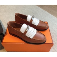 Shop Duplicate Hermes Destin Loafers in Fringed Calfskin with Kelly Buckle Brown/White 226089