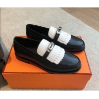 Fashion Hermes Destin Loafers in Fringed Calfskin with Kelly Buckle Black/White 0226090