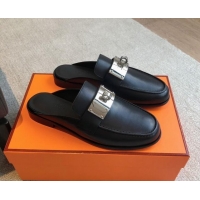 Best Product Hermes Iota Calfskin Flat Mules with Oversized Kelly Buckle Black 0226094