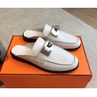 Low Price Hermes Iota Calfskin Flat Mules with Oversized Kelly Buckle White 226096