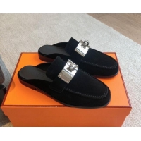 Most Popular Hermes Iota Suede Flat Mules with Oversized Kelly Buckle Black 0226097