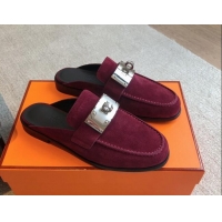 Trendy Design Hermes Iota Suede Flat Mules with Oversized Kelly Buckle Purple 0226098