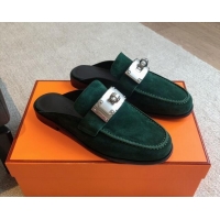 Low Cost Hermes Iota Suede Flat Mules with Oversized Kelly Buckle Green 0226099