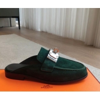 Low Cost Hermes Iota Suede Flat Mules with Oversized Kelly Buckle Green 0226099