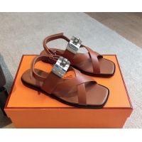 Luxurious Hermes Ines Calfskin Flat Sandals with Oversized Kelly Buckle Brown 0226100