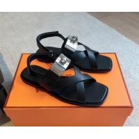 Good Quality Hermes Ines Calfskin Flat Sandals with Oversized Kelly Buckle Black 40226101