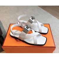 Classic Hot Hermes Ines Calfskin Flat Sandals with Oversized Kelly Buckle White 0226102