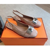 Pretty Style Hermes Innocente Suede Slingback Ballet Flat with Oversized Kelly Buckle Nude 226103