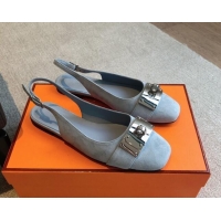 Shop Cheap Hermes Innocente Suede Slingback Ballet Flat with Oversized Kelly Buckle Dusty Blue 0226104