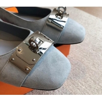 Shop Cheap Hermes Innocente Suede Slingback Ballet Flat with Oversized Kelly Buckle Dusty Blue 0226104