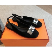 Luxurious Hermes Innocente Suede Slingback Ballet Flat with Oversized Kelly Buckle Black 226105