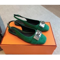 Good Quality Hermes Innocente Suede Slingback Ballet Flat with Oversized Kelly Buckle Green 0226106