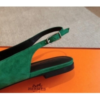 Good Quality Hermes Innocente Suede Slingback Ballet Flat with Oversized Kelly Buckle Green 0226106