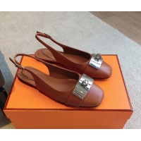 Grade Quality Hermes Innocente Calfskin Slingback Ballet Flat with Oversized Kelly Buckle Brown 0226107