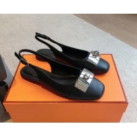 Best Grade Hermes Innocente Calfskin Slingback Ballet Flat with Oversized Kelly Buckle Black 226108