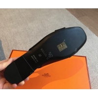 Best Grade Hermes Innocente Calfskin Slingback Ballet Flat with Oversized Kelly Buckle Black 226108