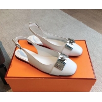 Top Grade Hermes Innocente Calfskin Slingback Ballet Flat with Oversized Kelly Buckle White 0226109