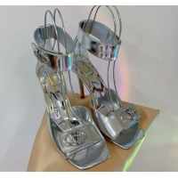 Top Grade Valentino VLogo Heel Sandals 10cm with Ankle Strap in Glazed Metallic Leather Silver 0227011