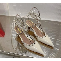 Popular Style Valentino Rockstud Pumps 6cm with Wrap Strap and Lace-ups in Patent Leather White 0227013