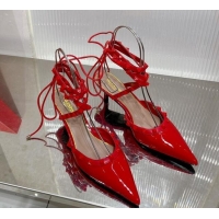 Perfect Valentino Rockstud Pumps 6cm with Wrap Strap and Lace-ups in Patent Leather Red 0227014