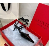 Good Looking Valentino Rockstud Pumps 6cm with Wrap Strap and Lace-ups in Patent Leather Black 0227015