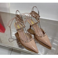 Best Product Valentino Rockstud Pumps 6cm with Wrap Strap and Lace-ups in Patent Leather Nude 0227016