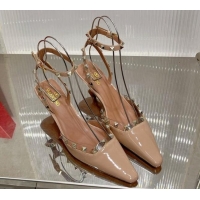 Best Grade Valentino Roman Stud Open Pumps 5.8cm with Ankle Strap in Patent Leather Nude 0227029