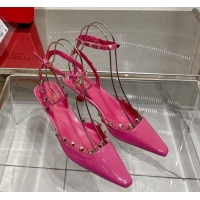 Top Grade Valentino Roman Stud Open Pumps 5.8cm with Ankle Strap in Patent Leather Pink 0227030