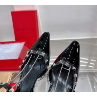 Classic Hot Valentino Roman Stud Open Pumps 5.8cm with Ankle Strap in Patent Leather Black 0227031