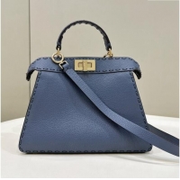 ​Discount Fendi Peekaboo ISeeU Small Bag in Grained Leather with Oversized topstitching 80133 Midnight Blue 2023 top