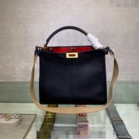 Best Quality Fendi Peekaboo Small Tote Bag in Calfskin with Strap F8081 Black/Red 2024