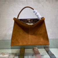 Top Quality Fendi Peekaboo Large Tote Bag in Suede with Strap F8085 Brown 2024