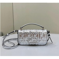 Top Quality Fendi Baguette Bag Phone in FF Lambskin 8620C Silver 2024