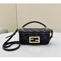 Top Quality Fendi Baguette Bag Phone in FF Lambskin 8620C Black 2024