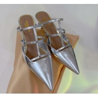 Charming Valentino Rockstud Wispy Heel Mules 6cm in in Glazed Metallic Leather Silver 0227045