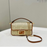 Promotional Fendi Baguette Medium Bag in Natural Straw with FF Embroidery 0159BM Beige 2024