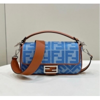 Reasonable Price Fendi Baguette Medium Bag in Denim with FF embroidery F9106 Light Blue 2023