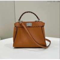 Good Product Fendi Peekaboo Mini Bag with Hand-sewn Topstitches 8615 Brown 2024 Top