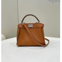 Good Product Fendi Peekaboo Mini Bag with Hand-sewn Topstitches 8615 Brown 2024 Top