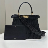 Reasonable Price Fendi Peekaboo ISeeU Medium Bag in Interlaced Leather 80138L Black 2024 Top