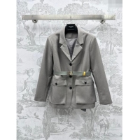 Shop Duplicate Prada Jacket with Belt P031307 Grey 2024