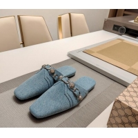 Best Grade Balenciaga Cagole Flat Mules in Washed Denim with Studs Buckle Light Blue 0321125