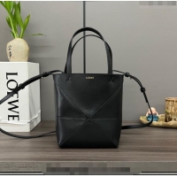 Top Quality Loewe Mini Puzzle Fold Tote in shiny calfskin L4067 Black 2023