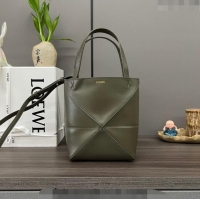 Shop Grade Loewe Mini Puzzle Fold Tote in shiny calfskin L4067 Dark Khaki Green 2023