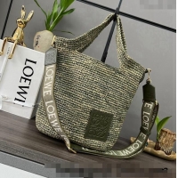 Free Shipping Loewe Mini Slit Tote bag in striped raffia straw and calfskin 101131 Green 2023