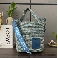 Unique Grade Loewe Mini Slit Tote bag in striped raffia straw and calfskin 101131 Blue 2023