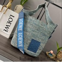 Unique Grade Loewe Mini Slit Tote bag in striped raffia straw and calfskin 101131 Blue 2023