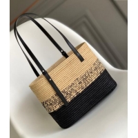 Best Quality Loewe Small Square Basket Bag in Raffia Straw and Calfskin 10112 Black 2023