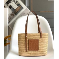 Inexpensive Loewe Small Square Basket Bag in Raffia Straw and Calfskin 10112 Brown 2023