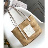 New Fashion Loewe Small Square Basket Bag in Raffia Straw and Calfskin 10112 White 2023